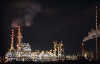 An oil refinery operating at night