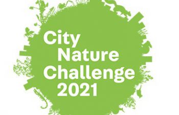 A green circular logo. The circumference of the circle is made up of various animals and plants, such as foxes and birds, and buildings. The centre of the circle says 'City Nature Challenge 2021'.