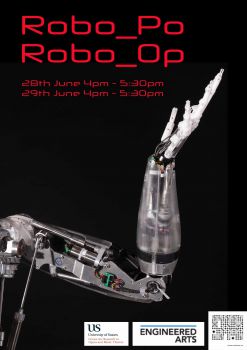 Robotic arm together with text for Robo-op / Robo-po event