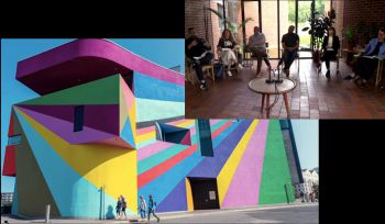Very brightly coloured building (main image) and 6 people sitting on chairs in top right hand corner