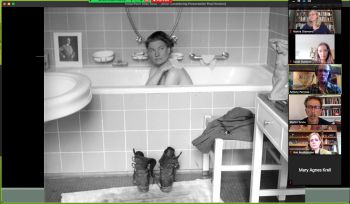 Photography by Lee Miller of person in bath (main image) with panel of 5 people down the side
