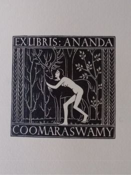 Woodcut by Eric Gill of a girl with a deer