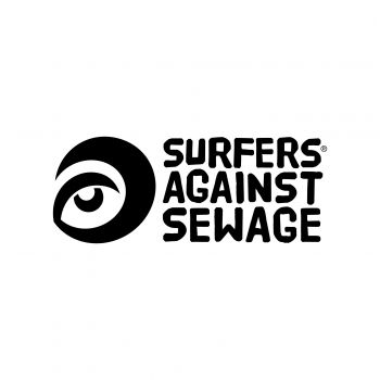 The Surfers Against Sewage logo is the charity name written in dark navy next to a wave icon