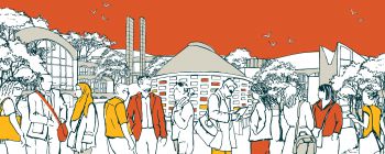 Illustration of campus on an orange background for Sussex Connect