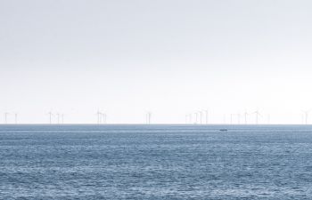 Long distance shot of a row of wind turbines out at sea