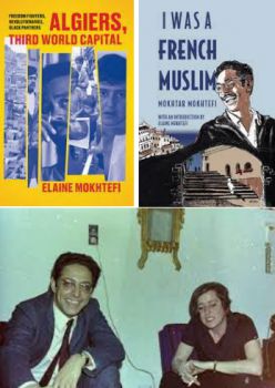 Book covers and photos of Elaine Mokhtefi