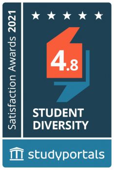 A blue banner with white trim detailing the average ranking (4.8 out of 5) given by students surveyed about the University's diversity