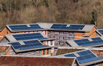 An aerial image showing a number of solar panels on the roofs of university buildings