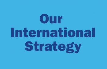 words on screen say 'our international strategy'