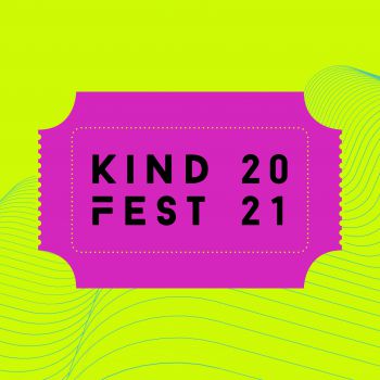 Illustration of a purple ticket on a yellow background with the words Kind Fest 2021 in it.