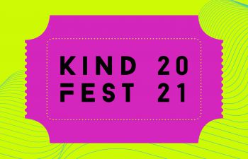 Image of a purple ticket on a yellow background with the words Kind Fest 2021 written on it