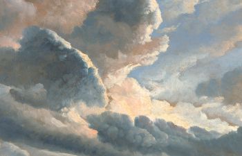 An illustration/painting of clouds with a dark sky in the background