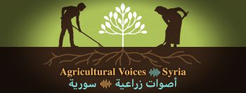 The banner for the podcast Agricultural Voices which has two figures working the earth with a plant shooting up in between them
