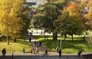 Students walking to Library square from Pevensey 1 in the autumn