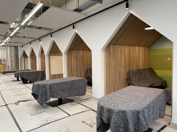 Row of study pods shaped like beach huts