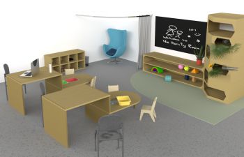 In the foreground two desks for parents with attached lower desks for children; in the background, a comfy chair which can be covered with a curtain, a blackboard on the front wall, and storage space and shelves at children's height