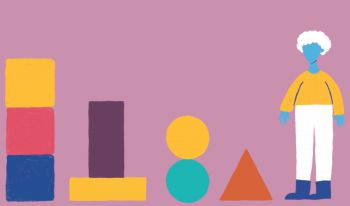 A still from the Coaching Programme video animation, showing a student and some large building blocks, which represent blocks or challenges, which coaching will help with