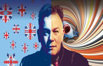 Stewart Lee in the centre with red, white and blue snowflakes behind his right shoulder and a tornado behind his left shoulder