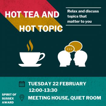 Graphics showing tea and friends discussing current topics.