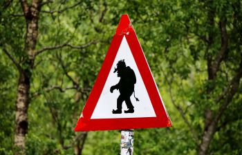 A red triangular roadside warning sign contains the silhouette of a troll