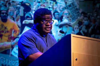 Gary Younge delivers his talk at the University of Sussex