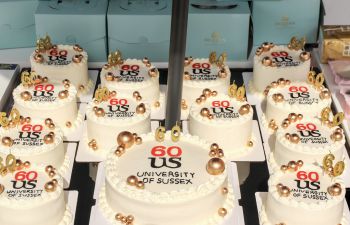 12 small cakes and one slightly bigger decorated with cream, golden balls and the message 60 US University of Sussex. Each cake has a two golden candles shaped like the numbers 6 and 0