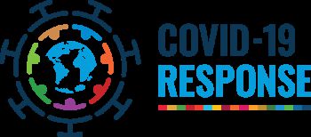 A image of the globe surrounded by people holding hands which again are encircled by the symbol of Coronavirus. On the right, the text Covid-19 Response can be read underlined by the various colourful SDG icons