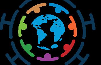 A image of the globe surrounded by people holding hands which again are encircled by the symbol of Coronavirus. On the right, the text Covid-19 Response can be read underlined by the various colourful SDG icons