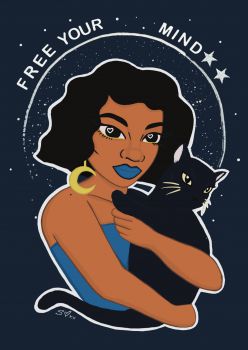 Drawing of woman of colour holding a black cat