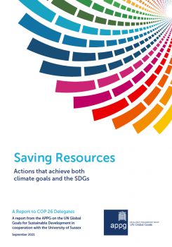 Screenshot of the cover page of the SSRP-BOND report for the All-Party Parliamentary Group on the UN Global Goals for Sustainable Development. The colours of the different Sustainable Development Goals are shown as a fan.