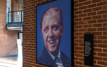 Portrait of sir Richard Attenborough in the Arts Centre formed with the names of all the donors who contributed to the restauration of the building