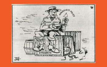 Newspaper cartoon of a man wearing a hat, a short sleeves shirt with the text