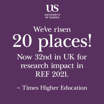 Image displays white text on a purple background reading 'We've risen 10 places! Now 32nd in the UK for research impact in REF 2021. - Times Higher Education'