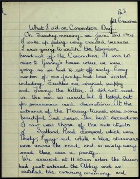 Image of an essay written by a child in 1953 about the Coronation