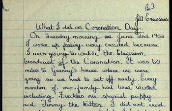 Image of an essay written by a child in 1953 about the Coronation