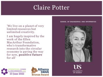 A picture of Claire Potter with a quote about how she is inspired by the Ellen MacArthur foundation.