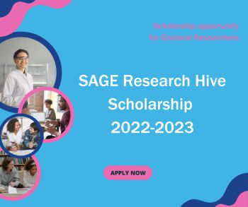Blue and pink graphic featuring photos of researchers chatting