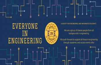 Everyone in engineering logo in the centre (yellow circular logo with cog theme) on a navy blue background with the name of the society in big yellow letters on the right. To the left text describes the society as a group of diverse people.