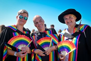 David Ruebain pictured with Sasha Roseneil and Kate O'Riordan at Brighton Pride 2022