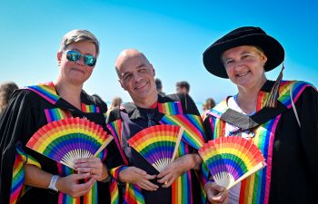 David Ruebain pictured with Sasha Roseneil and Kate O'Riordan at Brighton Pride 2022