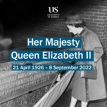 An image of Queen Elizabeth at the University of Sussex campus