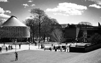 Black and white image of campus