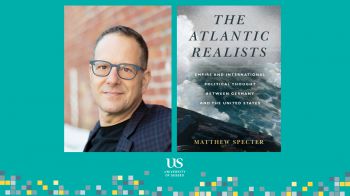 banner-style poster with picture of Matthew Specter and the front cover of his book 'The Atlantic Realists'