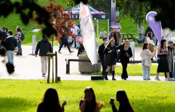 A group of students sitting on the grass