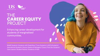 A person with Blue and Pink hair on a purple background with the text