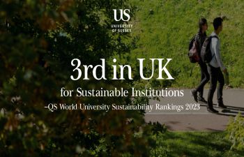 Graphic highlighting University of Sussex third in the UK for Sustainable Institutions in QS World Rankings: Sustainability 20203