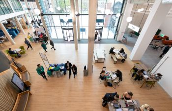 Looking down onto the entrance hall of the Student Centre from the first floor