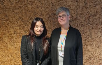 Hannah Oh with Vice-Chancellor Sasha Roseneil at the Student Centre