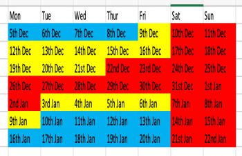Calendar of dates showing when extensions can be approved or facilities are closed