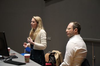 Mark Ellings, Enterprise Account Executive and Florence Yardley-Rees, EMEA Early Careers Recruiter at Bloomberg discussed graduate and intern opportunities with final year students in Jubilee Lecture Theatre